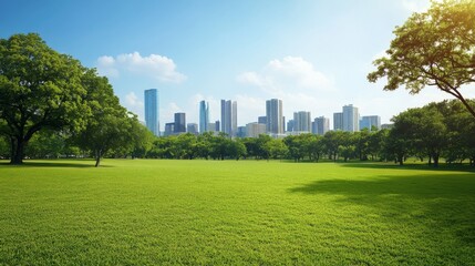 Obraz premium Green park with city skyline in background.