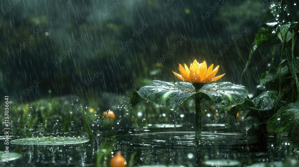 Poster water lily blooming in tranquil pond with raindrops and lush greenery creating a serene natural atmo