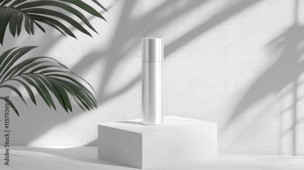 Poster minimalist white metal cream tube mockup with natural shadows and palm leaves on a soft background f