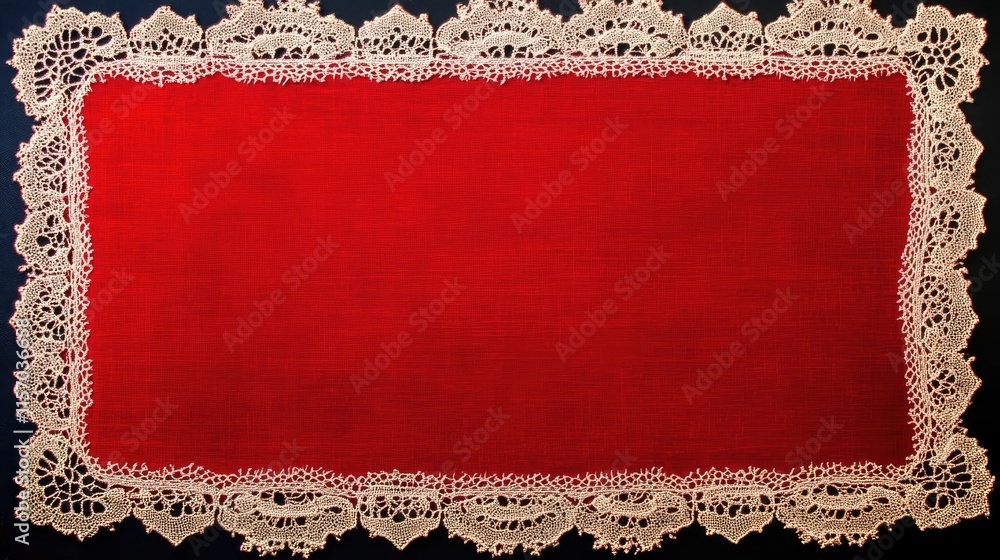 Poster vintage red placemat with delicate lace border isolated on black studio background for elegant dinin