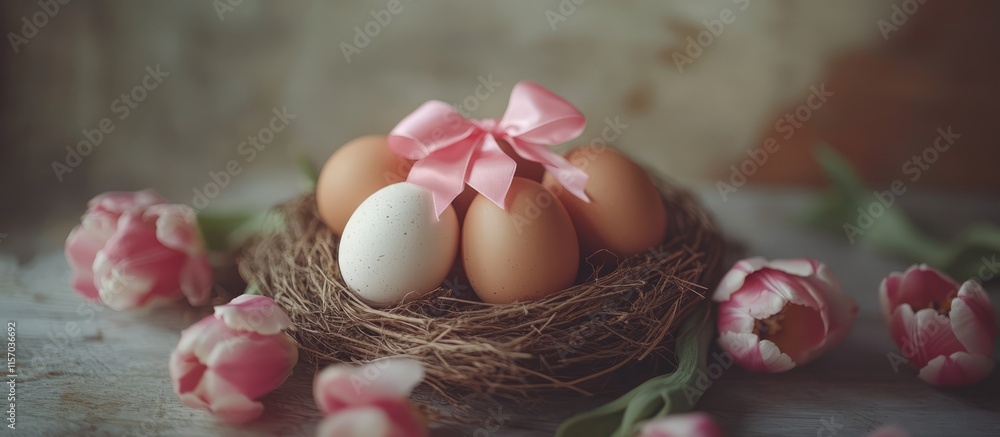 Poster Easter eggs with pink bows in a natural nest surrounded by tulip flowers on a rustic wooden table in soft focused background