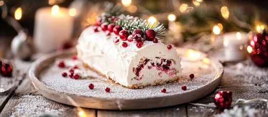 Festive white chocolate yule log cake adorned with berries and pine on rustic wooden table decorated with twinkling lights