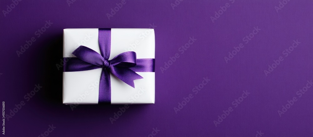 Poster elegant white gift box with purple ribbon on a lilac backdrop showcasing ample copy space for text a