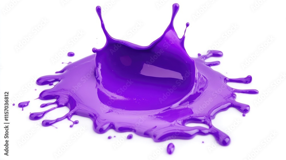 Poster Vibrant violet paint splashing in a dynamic pattern against a clean white background showcasing artistic color expression and fluid motion