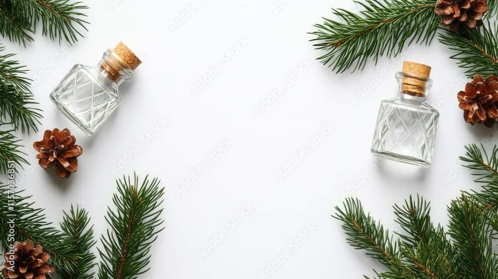 Poster festive new year and christmas flat lay with glass bottles evergreen branches and pine cones on whit