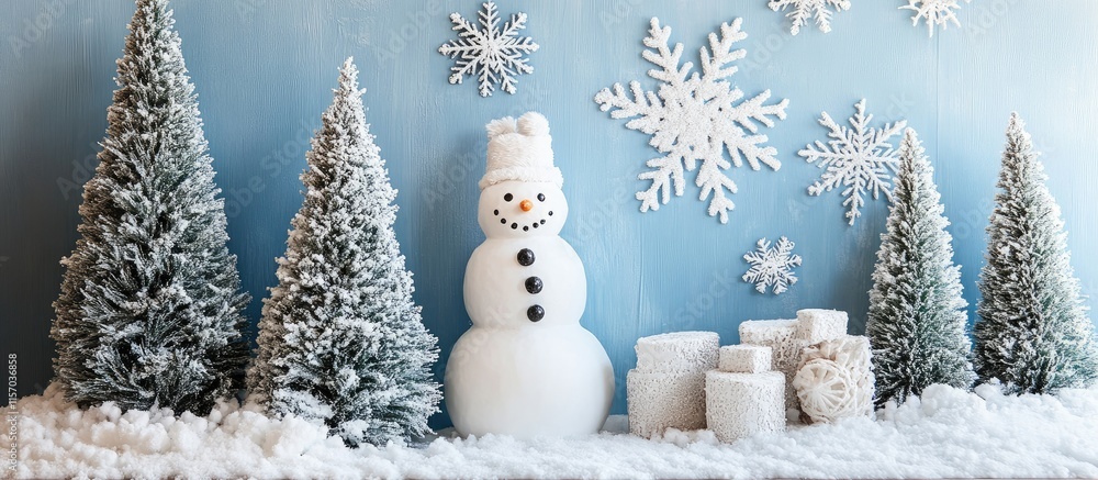 Poster Winter wonderland scene featuring white evergreen trees and a smiling snowman on snow with a blue snowflake backdrop and decorative elements.