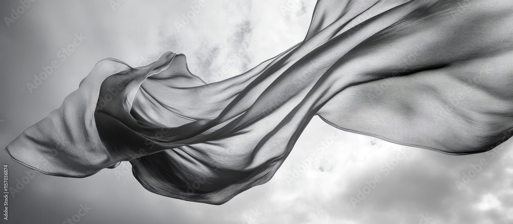 Fototapete Flowing sheer fabric against a dramatic grey sky creating an ethereal and dynamic visual atmosphere