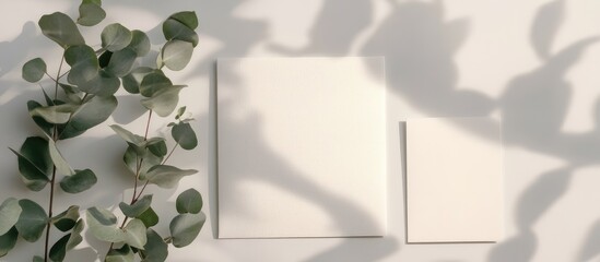 Eucalyptus wedding invitation card mockup showcasing front and back designs with envelopes and natural foliage accents