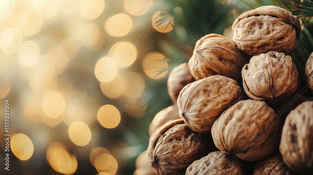 Aufkleber walnuts on a tree with blurred background creating a warm atmosphere and ample copy space for promot