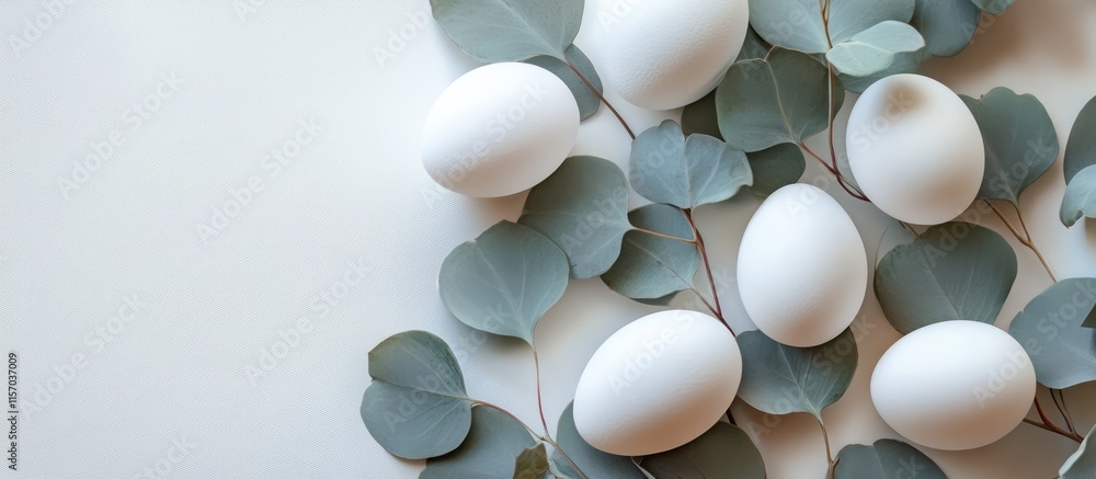 Poster white easter eggs arranged on eucalyptus leaves creating a serene and elegant springtime decoration 
