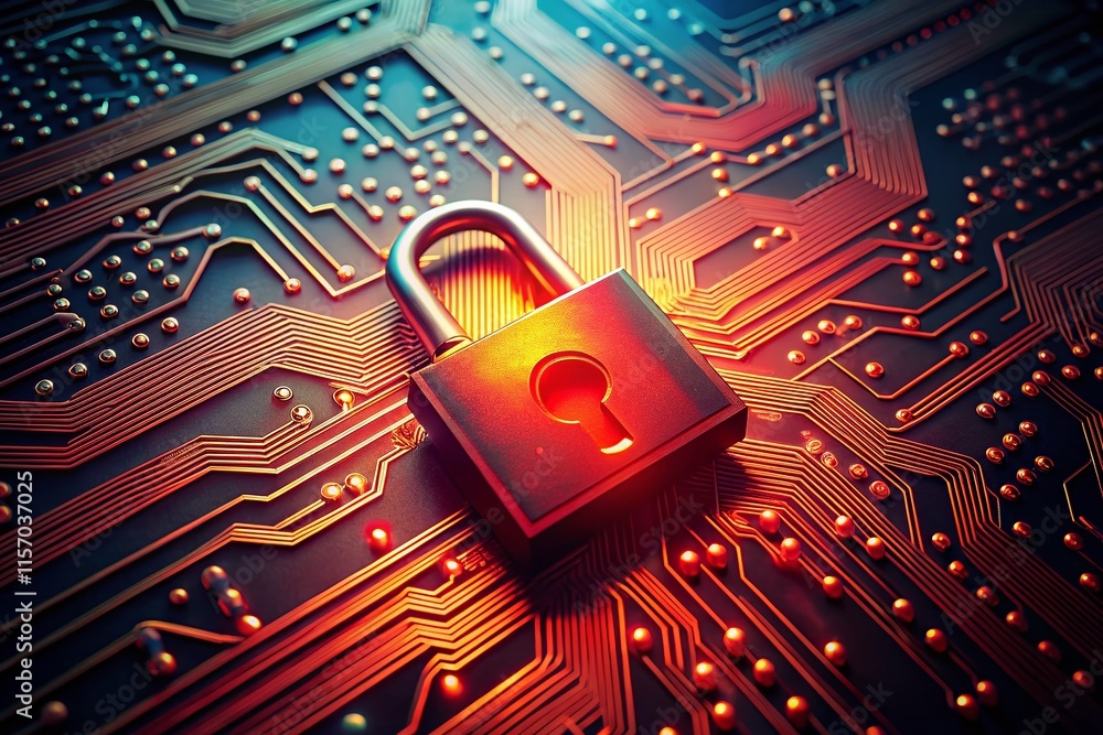Poster secure data network: glowing padlock on circuit board with red data pathways - stock photo