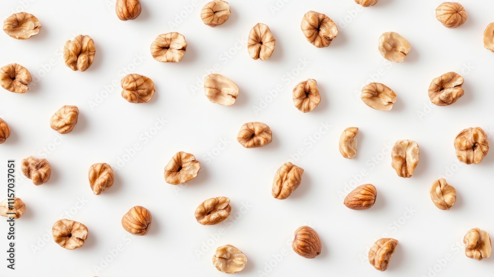 Poster Walnut kernels scattered on a white background captured from a bird's eye view showcasing texture and natural color variations.