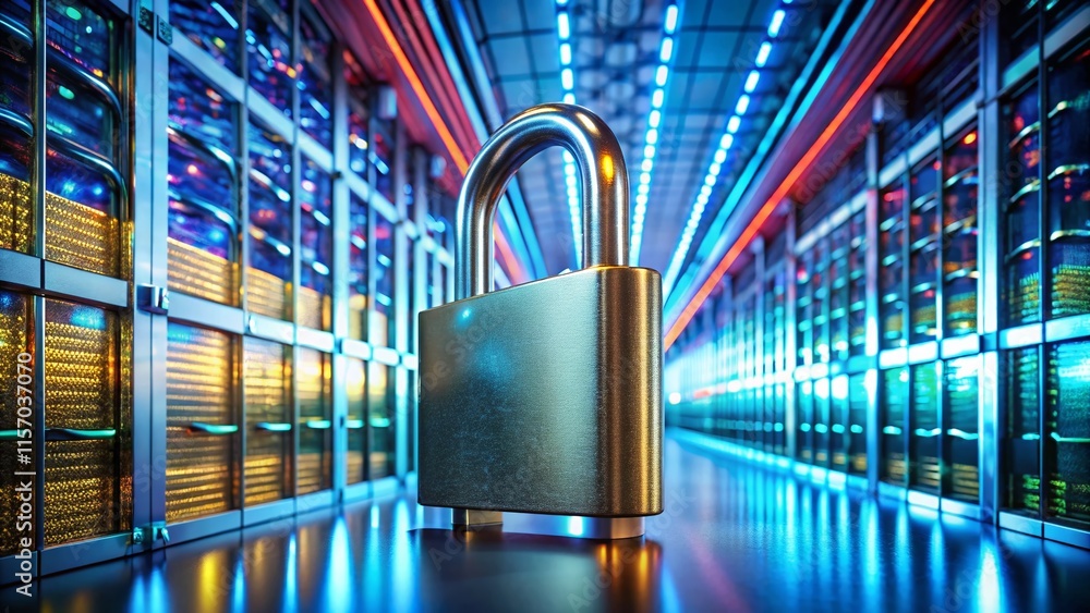 Poster secure data protection: panoramic view of a robust padlock safeguarding sensitive information
