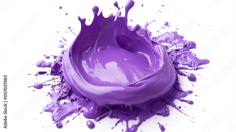 Poster Vibrant violet paint splash creating dynamic motion on a clean white background showcasing color and creativity in design elements