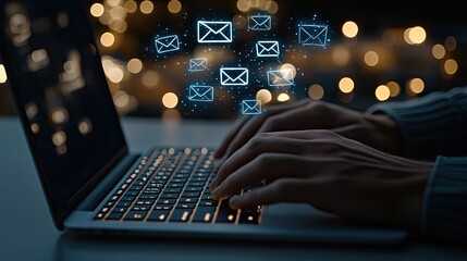 Man's hands actively typing on a laptop while a blue envelope icon illustrates email marketing in a contemporary workspace setting
