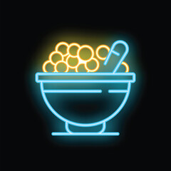 Bright and eye catching neon sign depicting a bowl full of cereal and a spoon, perfect for breakfast themes