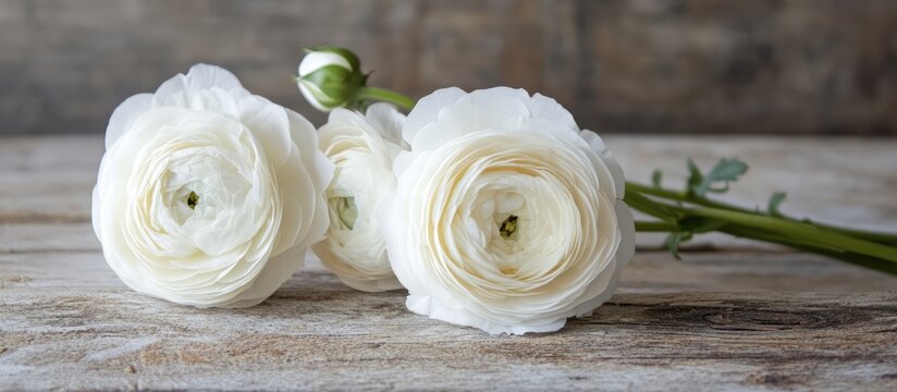 White ranunculus flowers and a rose arranged beside a gift box on a rustic wooden surface creating a charming seasonal decoration
