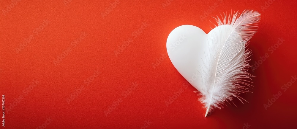 Aufkleber white heart and delicate feather on vibrant red backdrop symbolizing love and purity in artistic com