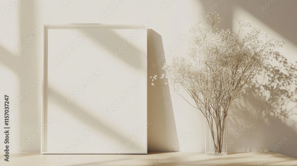 Poster white square frame mockup with gypsophila arrangement on a beige surface accentuating soft shadows a