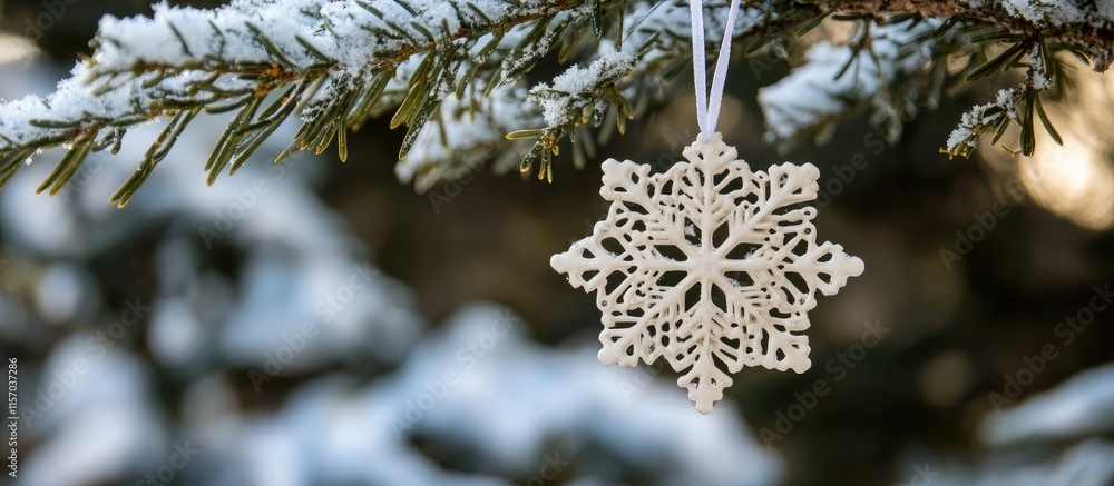 Poster White snowflake ornament hanging on snow-covered tree branches creating a festive background for holiday-themed designs and decorations