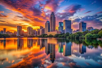 Serene Austin Sunset: City Skyline & Water Reflections - Documentary Photography