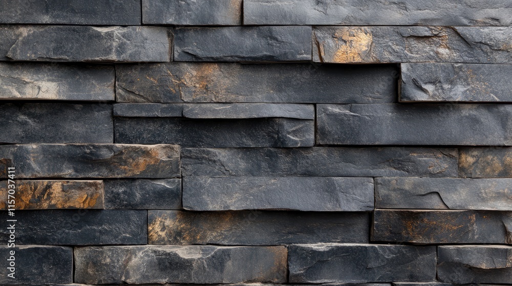 Poster textured dark stone wall with layered slate bricks for modern industrial design or architectural bac