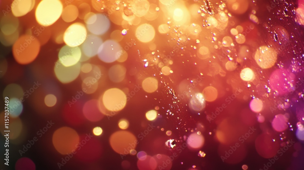 Aufkleber magnified water droplets on glass creating vibrant bokeh with warm backlighting and colorful blurred