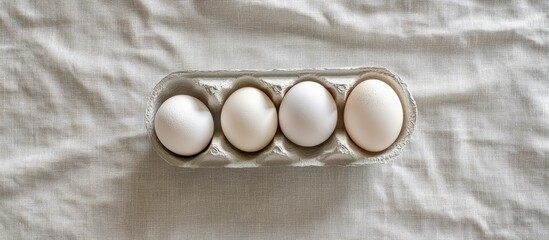 White chicken eggs in a ceramic carton on a linen surface top view minimalist design with space for text or culinary content.