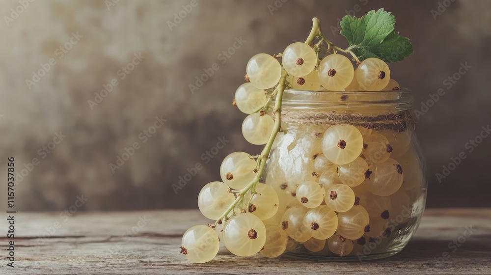 Poster white currants in a jar with fresh leaves on a rustic wooden table showcasing natural textures and v