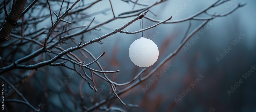Aufkleber Suspended white sphere on bare tree branches in foggy forest creating a serene winter atmosphere with soft lighting and muted colors