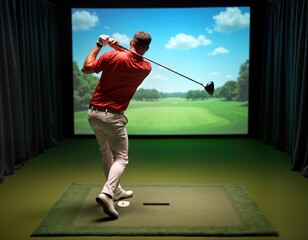 Man plays golf indoor simulator. Virtual golf course on screen. Sports entertainment concept. Man practices swing indoors. Modern tech for golfing. Recreation for adults. Fun way to play. Develop