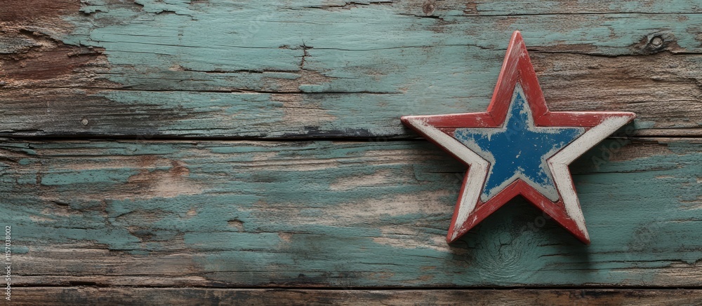 Poster patriotic chalkboard design featuring open text and a vintage red blue star on a weathered wooden ba