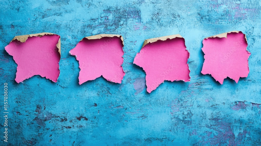 Poster Ripped pink paper pieces on a blue background inviting feedback with ample copy space for text and branding concepts.
