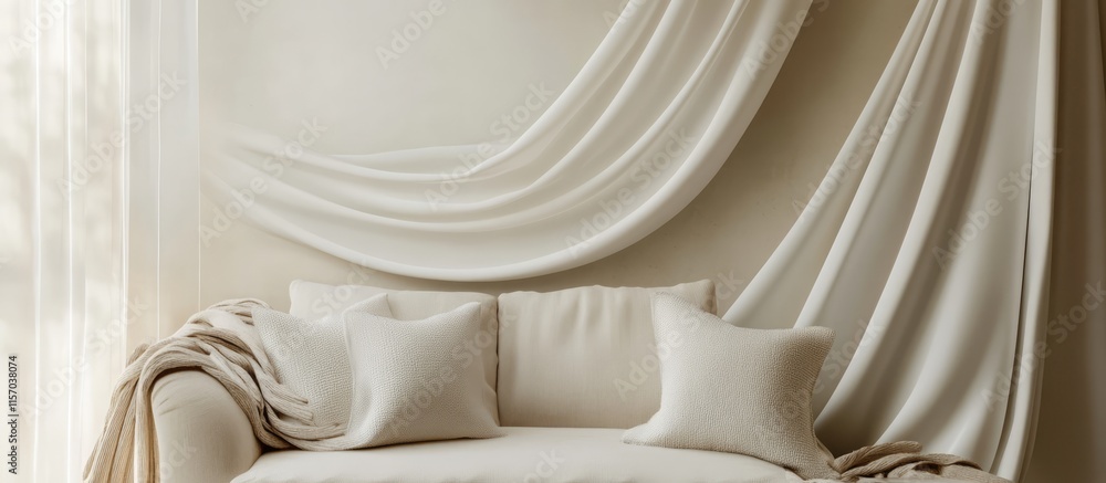 Poster elegant white fabric draping over a wall with soft cushions creating a cozy and inviting interior at