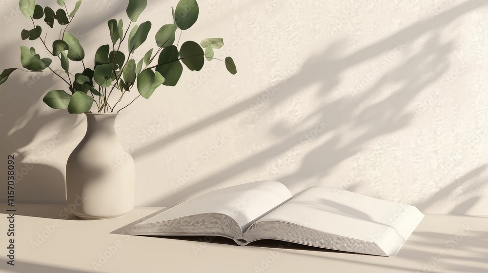 Leinwandbilder minimalist book mockup with eucalyptus vase on a light table casting soft shadows for elegant decor 