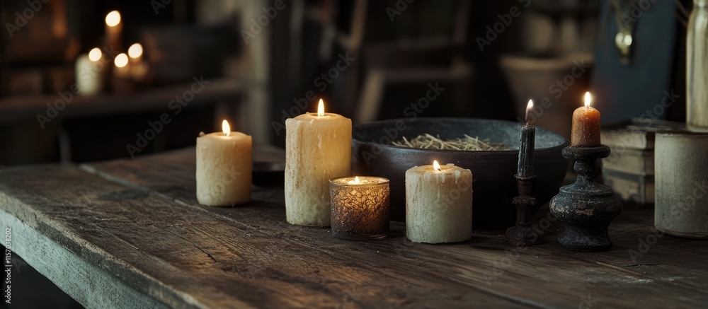 Poster rustic vintage candles set on a weathered wooden table creating a warm and cozy atmosphere for intim
