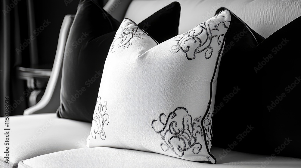 Poster elegant decorative cushions in black and white design on a stylish sofa creating a modern minimalist