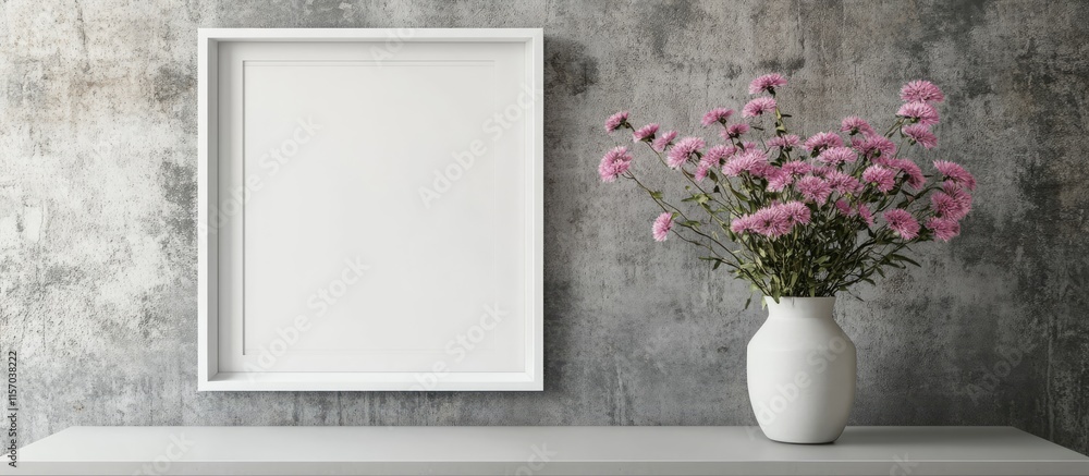 Poster elegant white frame mockup with pink asters on a gray wall perfect for displaying artwork or creativ