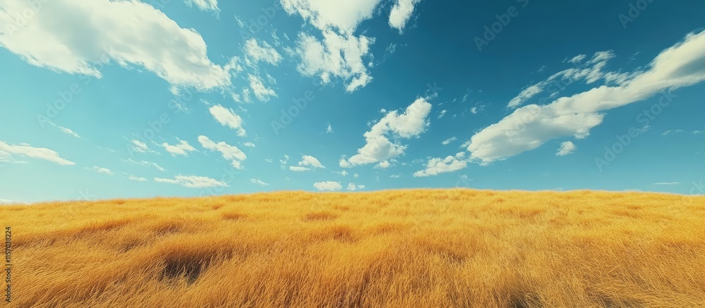 Poster golden wheat field under a clear blue sky with fluffy white clouds creating a serene and picturesque