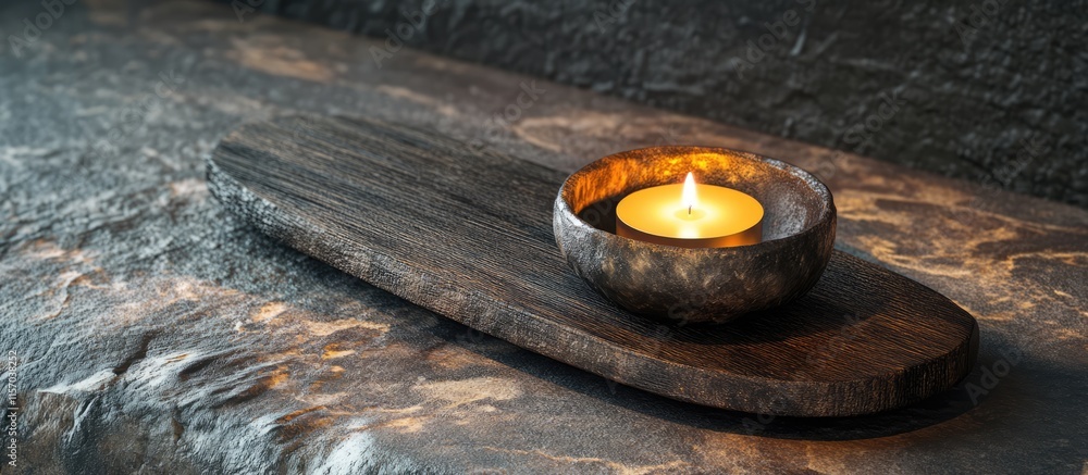 Poster Cozy tea light in a rustic bowl on a wooden surface creating a serene and calming ambiance for relaxation and tranquility