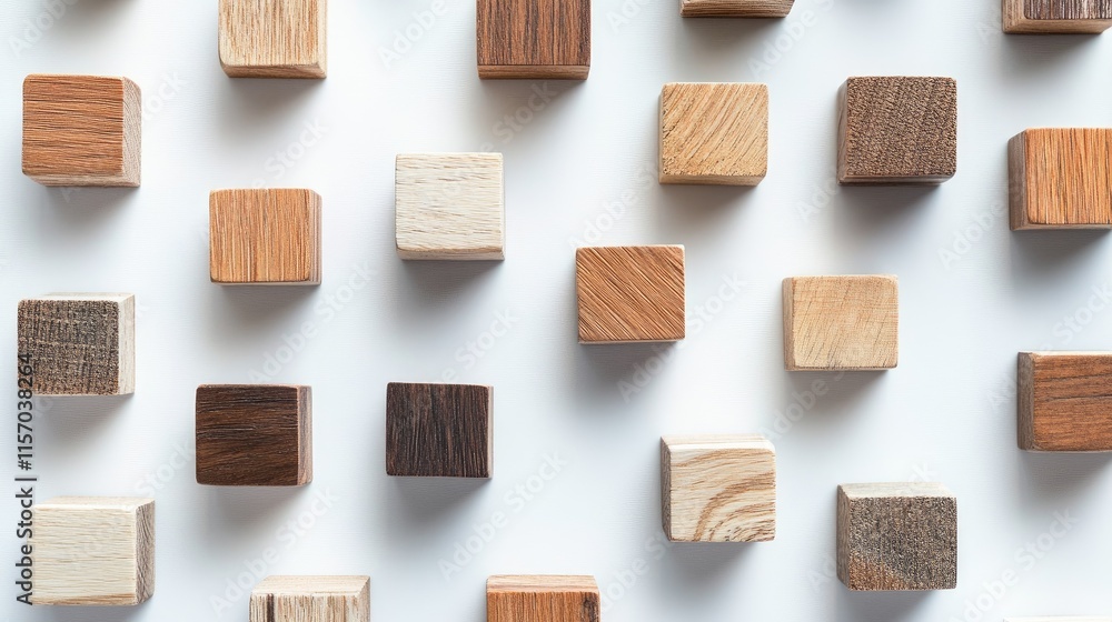 Poster wooden cubes in various textures and shades arranged on a white background showcasing a minimalist a
