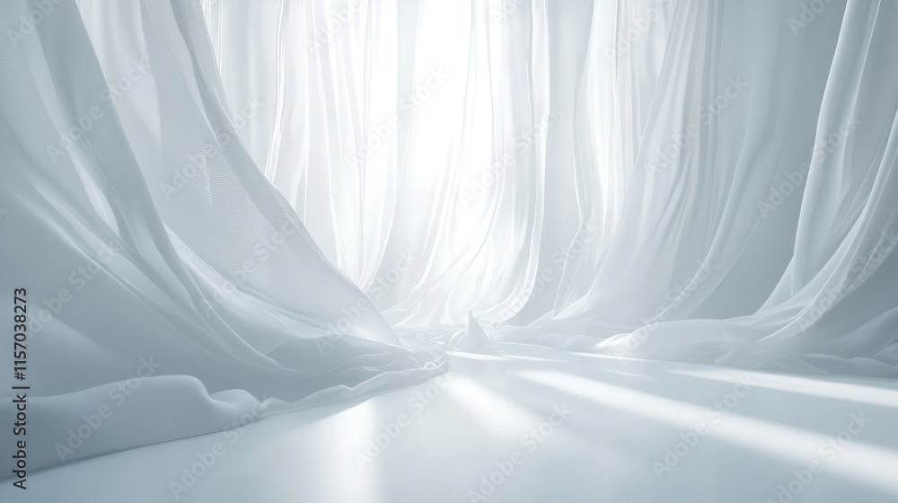 Aufkleber soft white curtains elegantly draped in a serene bedroom setting creating an abstract and tranquil i