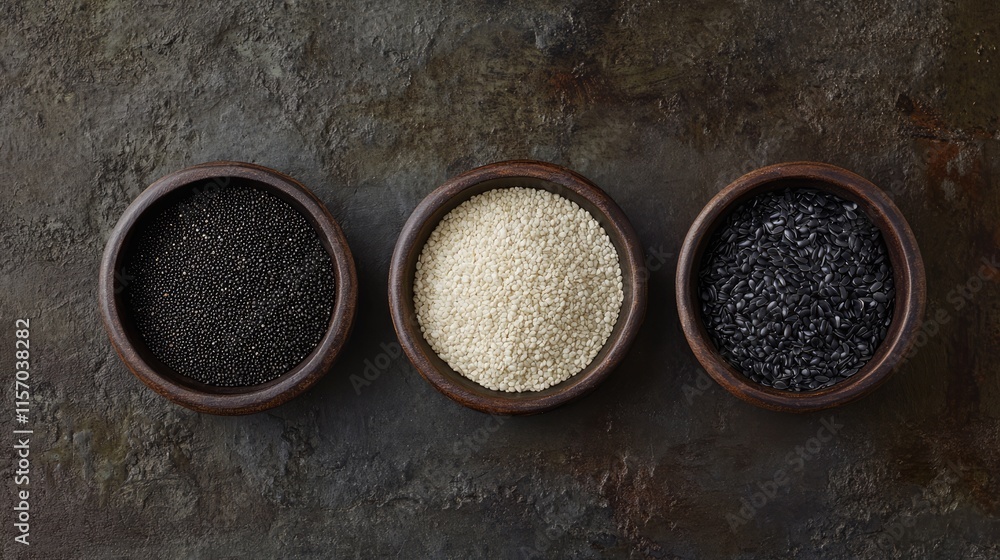 Poster assorted poppy seeds in wooden bowls on textured background showcasing white black and mixed varieti