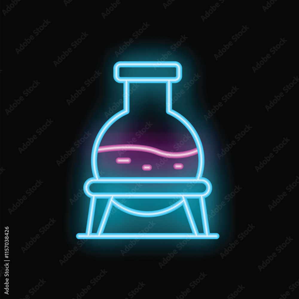 Poster glowing neon icon representing a laboratory flask filled with bubbling liquid, positioned on a stand
