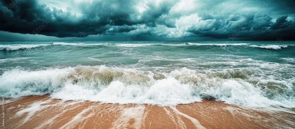 Poster dramatic coastal scene with turbulent waves crashing on a sandy beach under dark, ominous clouds cre