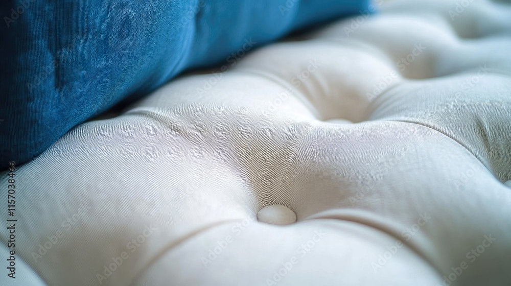 Poster textured white and blue upholstered sofa close-up showcasing fabric details and button tufting for i