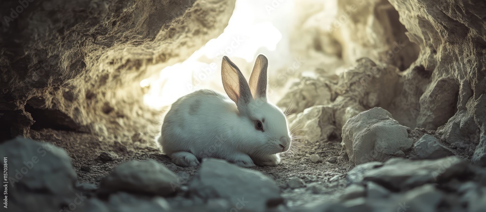 Poster White and brown rabbit resting on rocky ground in a cave with soft light filtering through the entrance creating a serene atmosphere