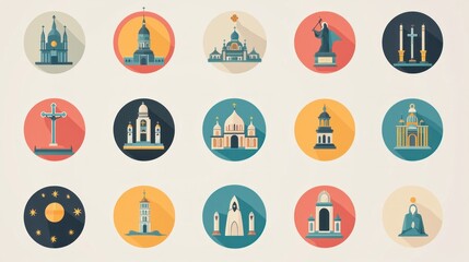 Fototapeta premium Collection of Minimalist Icons Featuring Famous Landmarks and Religious Symbols in a Colorful Circular Design for Graphic and Web Projects