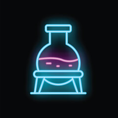 Glowing neon icon representing a laboratory flask filled with bubbling liquid, positioned on a stand, symbolizing scientific experiments and research