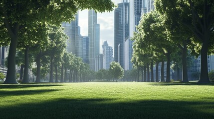 Lush green park with tall city buildings backdrop.
